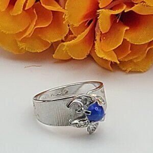 Vintage 18KT HGE Star & Moon Ring Size 9 w/ Faux Sapphire  White Gold  Celestial